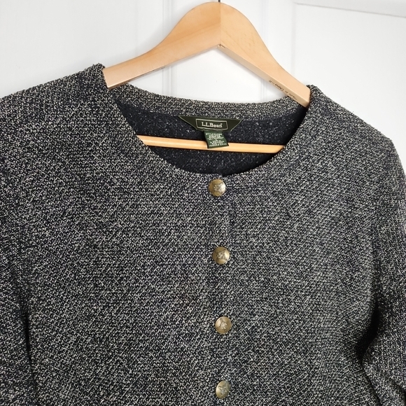 LL Bean Button Front Fleece Cardigan Sweater Jacket Size L Womens Black Tan Cozy - Picture 2 of 8